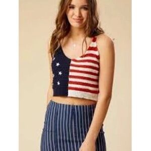 NWT Moon & Madison Tank Top Womens XL Flag Patriotic Crop Crochet Knit Americana